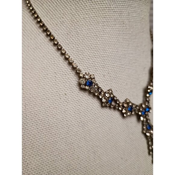 Vintage Sapphire Blue Clear Rhinestone Paste Choker Necklace Statement Cocktail - Picture 4 of 15